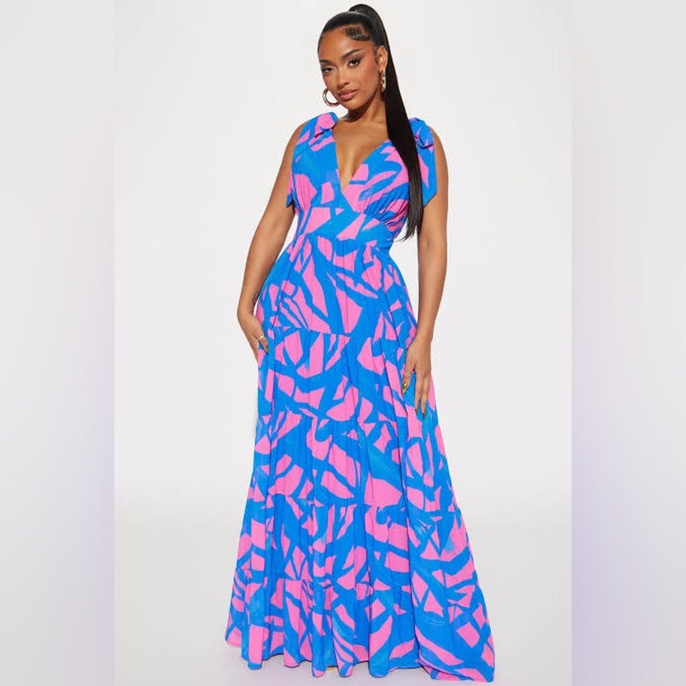 Fashion Nova Blue and Pink Abstract Maxi Dress
